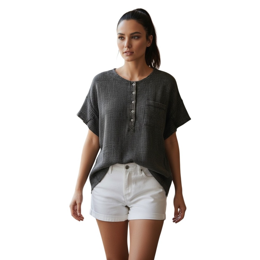 Zenana NWT 100% Cotton Gauze Henley Top S/M Grey Oversized Raw Hem Boho Coastal